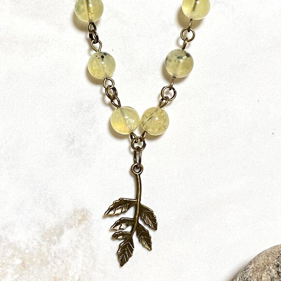 Natural Yellow Green Prehnite Necklace, Bronze Leaf Branch + Genuine Gemstone - Picture 3 of 16